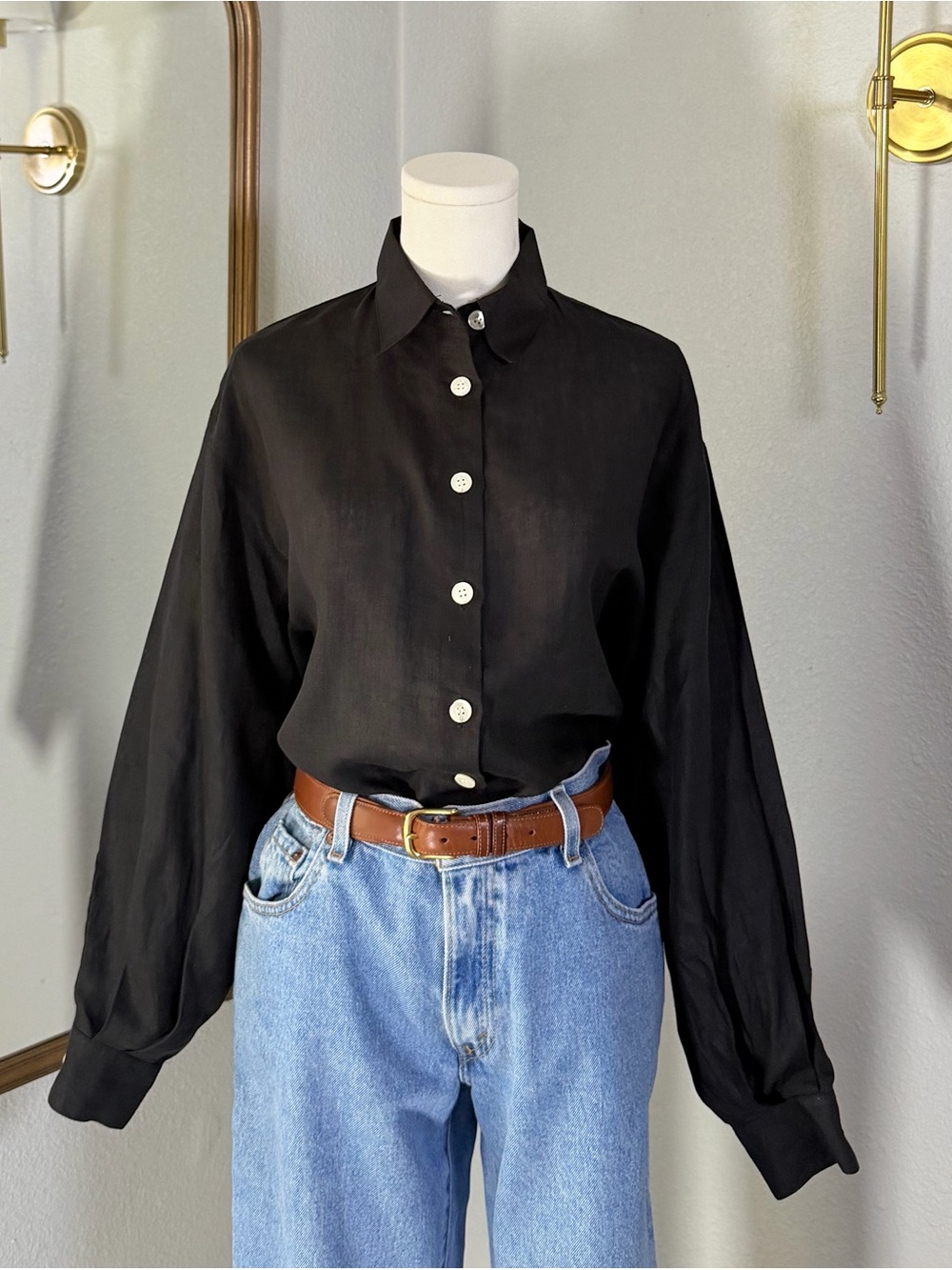 Vintage Complice Italy 100% Linen Cutout Back Oversized Button Down Top Black